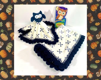Blue Owl Crochet Baby Blanket, Lovey and Book Gift Set