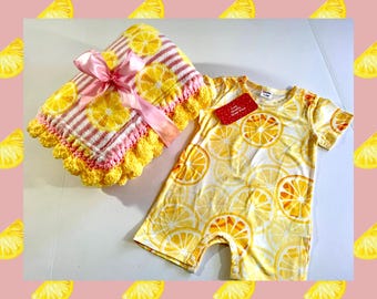 Sweet Vintage Style Lemon and Pink Stripes Crochet Plush Baby Blanket Set