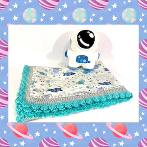 Space Rocket Astronaut Double Minky Dot Crochet Baby Blanket & Plush Set