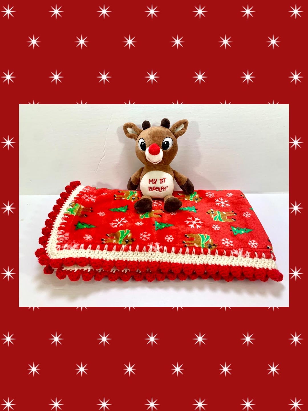 Christmas Rudolph the Red Nose Reindeer Crochet Baby Blanket Gift Set ...