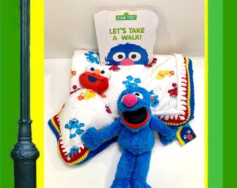 Sesame Street Baby Elmo Grover & Friends Minky Sherpa Crochet Baby Blanket Lovely Plush and Book Gift Set
