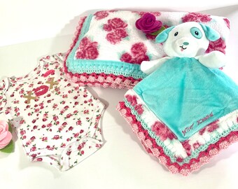 Betsey Johnson Vintage Rose Crochet Baby Blanket and Puppy Lovey