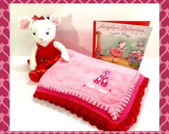 Little Dancer Ballerina Crochet Baby Blanket with Angelina Ballerina Plush & Book Gift Set