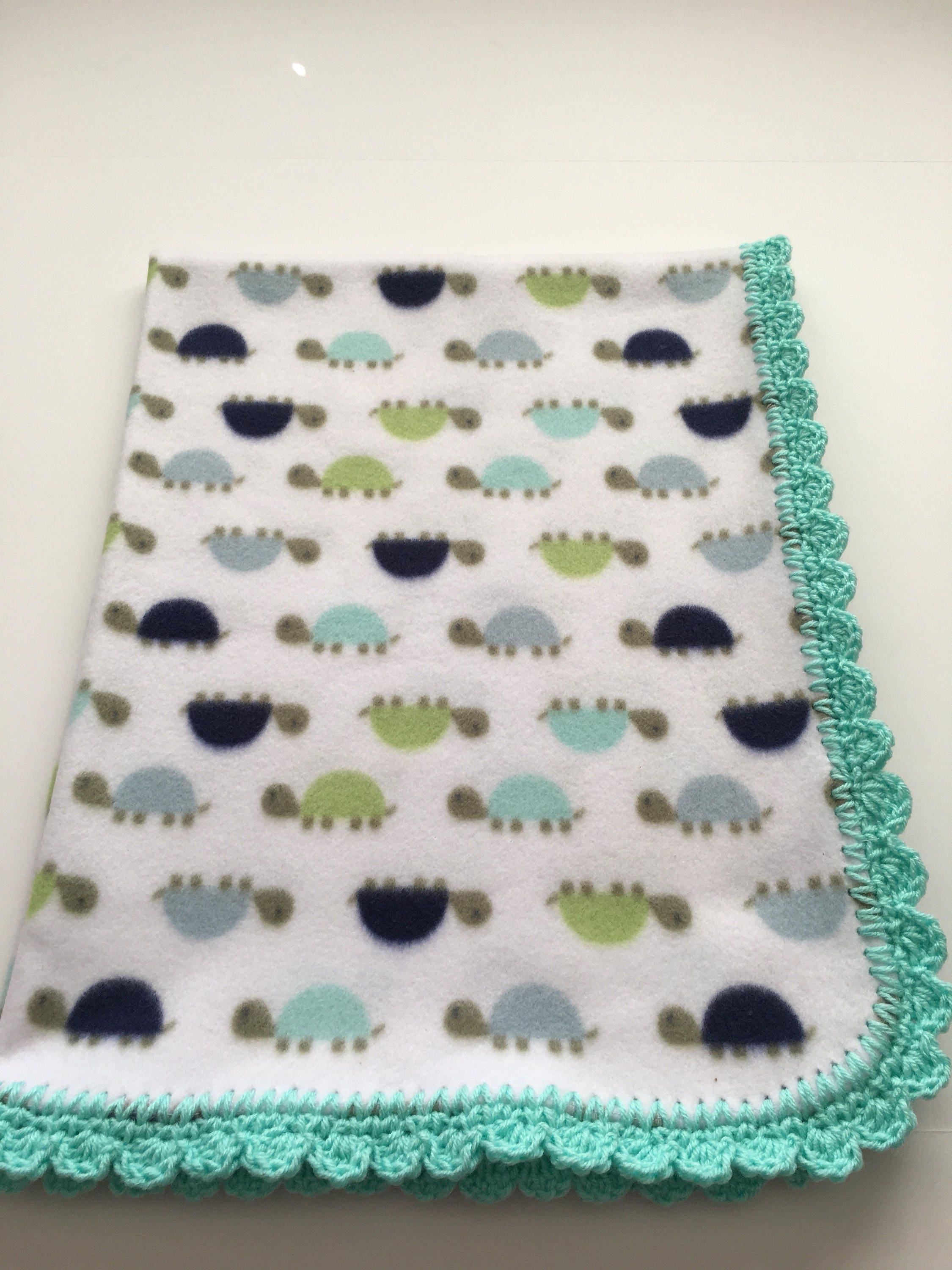 White Blue Green Teal Turtles with Teal Crochet Trim Little Turtle Baby Blanket