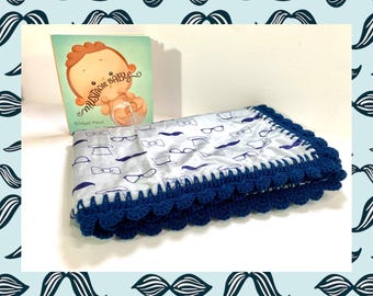 Little Mustache Baby Minky Crochet Baby Blanket Gift Set