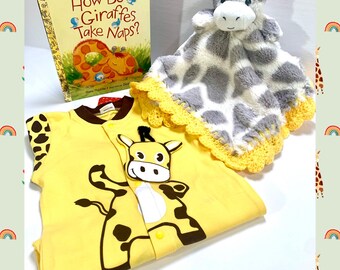 Giraffe Crochet Lovey Security Blanket & Book Gift Set