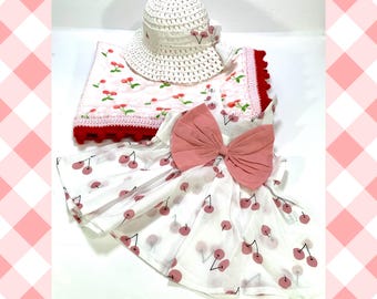 Cherry Gingham Polka Dot Vintage Style Double Minky Crocheted Baby Blanket Gift Set