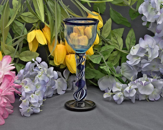 Hand Blown Art Glass Goblet, Glass Drinking Cups / Chalices / Glasses for Wine, Whiskey, Etc. by Simply Elegant Glass - "Sapphirine"