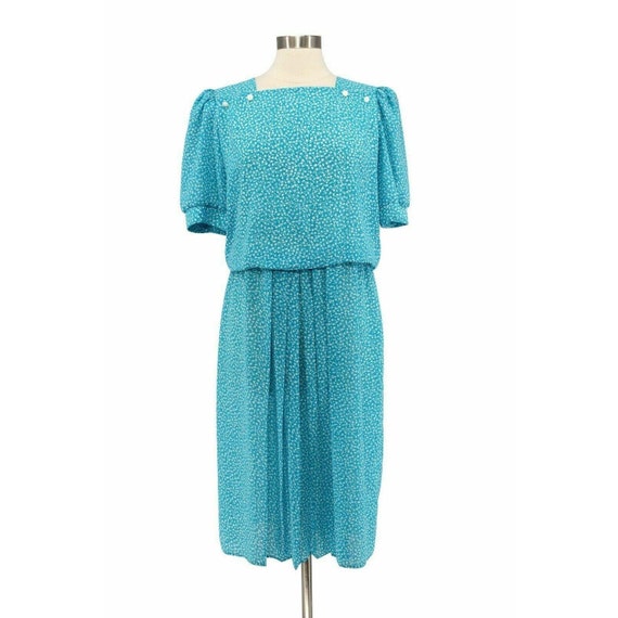Vintage 80s Blue Chiffon Ditsy Floral Square Neck