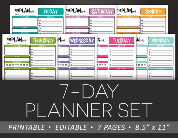 7 day daily planner set editable 8 5 x 11 pdf to do health etsy