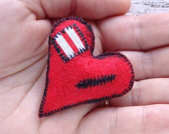 Sutured heart pin Wounded heart brooch Felt heart pin Primitive heart gift Patched heart bauble Broken heart accessory Charred heart bijou