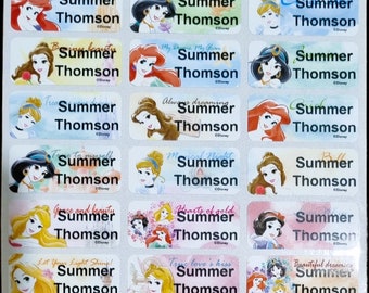 48/96 Disney Princess Watercolour Personalised Name / School Label Stickers -  Medium (30*13mm) Dishwasher Safe Labels