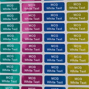 132 etiquetas adhesivas personalizadas con nombre y texto en blanco con purpurina de varios colores (lápiz de 22 x 0,9 mm, aptas para lavavajillas)