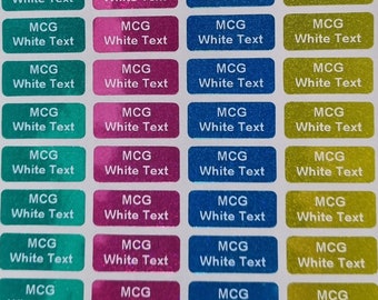 132 etiquetas adhesivas personalizadas con nombre y texto en blanco con purpurina de varios colores (lápiz de 22 x 0,9 mm, aptas para lavavajillas)