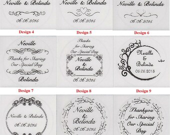 54 étiquettes rondes personnalisées pour enveloppes bombonnières de mariage, 30 mm (transparentes, couleur ou dorées) ou 40 35 mm (transparentes uniquement)