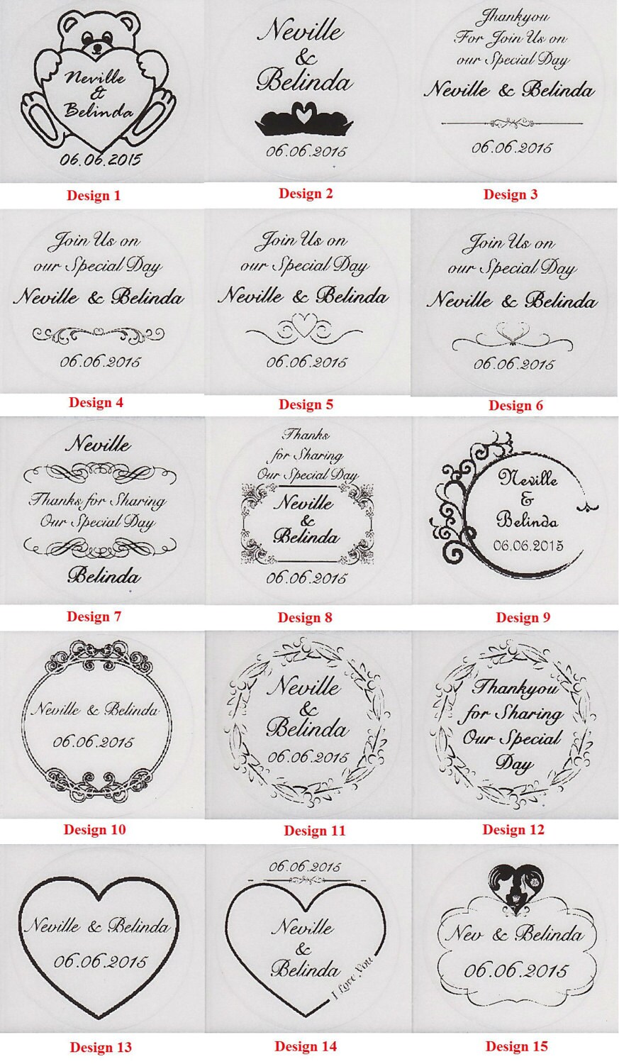 54 30mm (Transparent, Colour or Gold) or 40 35mm (Transparent Only) Personalised Wedding Bomboniere Round Envelope Labels