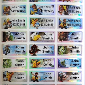 48/96 étiquettes autocollantes personnalisées au laser Pokemon - 96 moyennes (30 x 13 mm) - lavables au lave-vaisselle