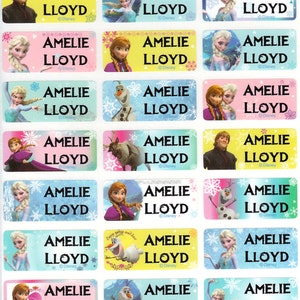 48/96 Etiquetas adhesivas personalizadas con nombre de Frozen - Medianas (30 x 13 mm) Aptas para lavavajillas