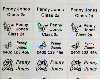 48 / 96+36 FREE Pearl White Flower Personalised Name / School Label Stickers - Med (30*15mm) Dishwasher Safe
