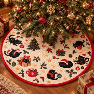 May include: A round, quilted Christmas tree skirt with a cream-colored base and a red border. The fabric features a repeating pattern of black cats, green Christmas trees, red gift boxes, holly sprigs, gold stars, and red mugs with white snowflakes.