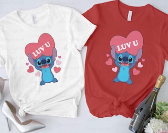 Funny Stitch Luv U Hearts Shirt, Disney Stitch Happy Valentine's Day Shirt, Stitch Couple Honeymoon Trip Shirt, Disneyland Vacation Outfits