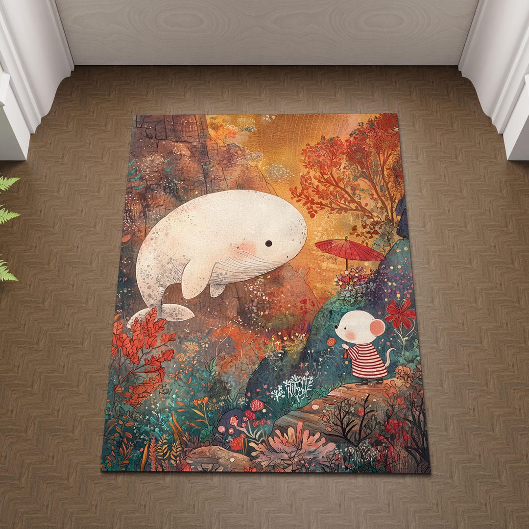 Cozy Cottagecore Whale Area Rug, Kids Playroom Cartoon Whale Rug ...