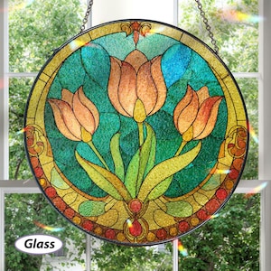 Stained Glass Tulip Flower Suncatcher, Floral Pink Tulip Window Hanging, Tulip Suncatcher Gift For Mom, Botanical Tulip Home Decor, MYJ365