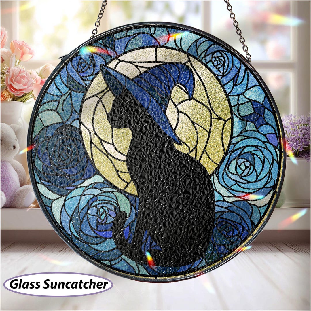 Mystical Black Cat Stained Glass Suncatcher, Witchy Black Cat Window ...