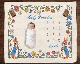 Personalized Peter Rabbit Baby Boys Blanket, Woodland Baby Milestone Blanket, Peter Rabbit Baby Shower Gift Boys, Custom Baby Boys Blanket