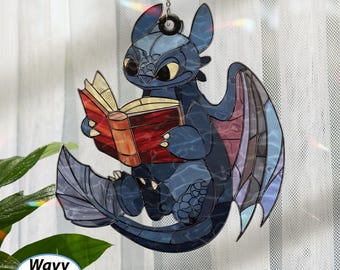 Toothless Book Stained Glass Ornament, Dragon Librarian Suncatcher Acrylic, Gifts For Bookworms, Disney Dragons Christmas Ornament, MYJ591