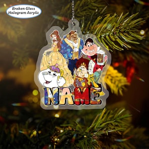 Beauty And Beast Custom Ornament, Princess Belle Christmas Girl Ornament, Lefou Mrs Potts & Chip, Disney Family Name Xmas Ornament, NVA747