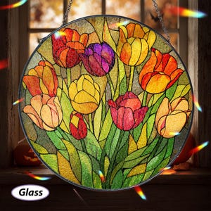Colorful Tulip Flowers Glass Suncatcher, Botanical Tulip Window Hanging, Tulip Stained Glass Ornament, Tulip Lover Home Decor Gift, MYJ366