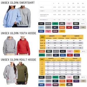 May include: Images of unisex Gildan sweatshirts and hoodies in various colors. Includes size charts with measurements in inches for width, length, and sleeve length. Color options include black, charcoal, and more.
