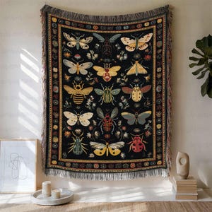 Colorful Beetle And Butterfly Woven Blanket, Gothic Moth And Beetle Throw, Boho Cottagecore Insect Throw, Dark Academia Bug Blanket, MYC799