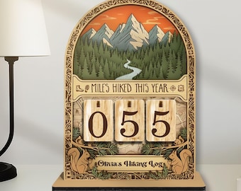Personalized Miles Hiked This Year Counter, Custom Trekking Log Board, Mountain Landscape Hiker Goal Tracker, Traveler Boy Girl Gift, MYL417