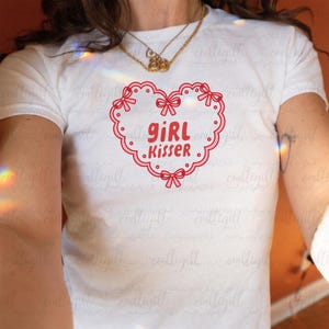 Aesthetic Girl Kisser Baby Tee, Y2K LGBTQ+ Pride Baby Tee, Lesbian Pride Pink Top, Fitted Sapphic Queer Baby Tee, Gay Girlfriend Gift,MYG591