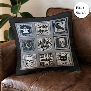 Halloween Cat And Crow Pillow, Dark Gothic Square Pillow, Spooky Skull Ghost Cushion, Cottage Fall Indoor Decor, Trick Or Treat Gift, THA278