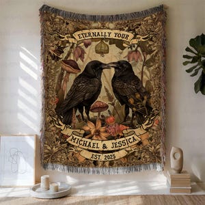 Gothic Raven Couple Woven Blanket Custom, Retro Raven And Flower Throw, Boho Crow Blanket With Names, Dark Romantic Anniversary Gift, BYA908