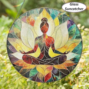 Meditation Yoga Namaste Suncatcher, Stained Glass Lotus Flower Ornament, Spiritual Yoga Window Hanging, Boho Chakra Lotus Home Decor, MYJ512
