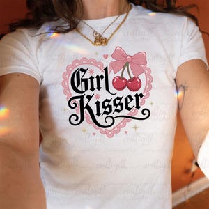 Lesbian Girl Kisser Y2K Baby Tee, Girl Kisser Coquette Baby Tee, Lesbian Pride Cherry Pink Top, Bi Pride WLW, But Daddy I Love Her, MYG586
