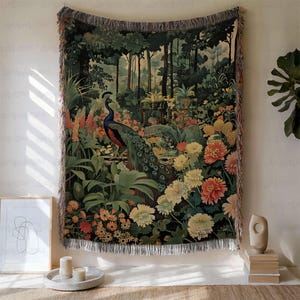 Cottagecore Forest Peacock Woven Throw, Boho Peacock In Flowers Blanket, Fantasy Wildlife Bird Blanket, Nature Lover Home Decor Gift, BYA944