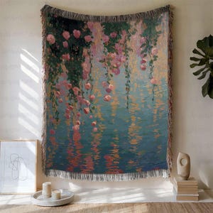 Elegant Climbing Roses Water Reflection Woven Blanket, Pink Rose Boho Blanket, Cottagecore Floral Blanket, Floral Home Decor Blanket, MYC813