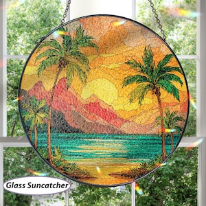 Tropical Summer Vibes Glass Suncatcher, Beach Sunset Window Hanging, Coastal Ocean Waves Stained Glass Ornament, Beach House Decor, MYJ379