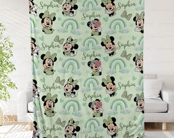 Custom Minnie Mouse Blanket For Girls, Green Minnie Mouse Rainbow Blanket, Minnie Mouse Character Blanket, Disneyland Birthday Gift,THA317-4