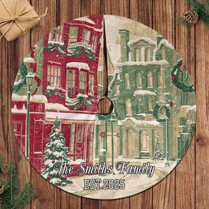 Custom Family Name Tree Skirt, Traditional Christmas Village Tree Skirt, Snowy Cityscape Tree Skirt, Holiday Street Scene Tree Skirt, MYJ931