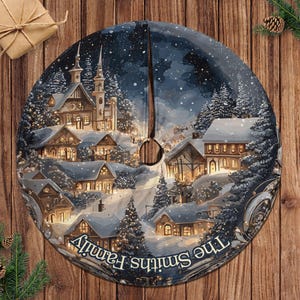 Winter Wonderland Tree Skirt Custom, Snowy Village Christmas Tree Skirt, Snow Covered Houses Skirt, Holiday Night Scene Tree Skirt, MYJ876