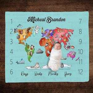 Personalized Map Of The World Blanket, World Map Baby Shower Gift Blanket, Animal Theme World Map Baby Blanket, Travel Map Milestone Blanket