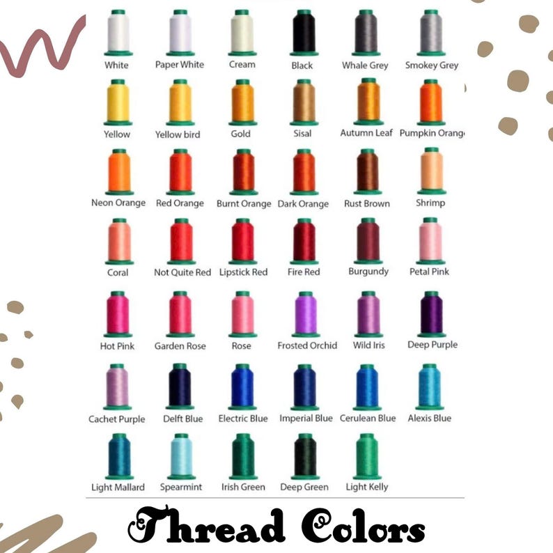 May include: A colour chart displaying forty-three individual spools of embroidery thread arranged in a grid. Each spool is labelled with its specific colour name, ranging from white, greys, and blacks to yellows, oranges, reds, pinks, purples, blues, and greens.