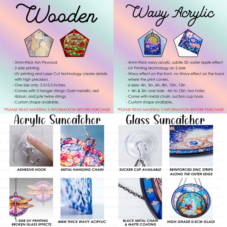 May include: The image showcases various suncatchers, including wooden and wavy acrylic designs. The wooden suncatchers are 3.5 x 3.5 inches, while the acrylic ones come in sizes from 4 to 12 inches. Features include UV printing, metal chains, and adhesive hooks.