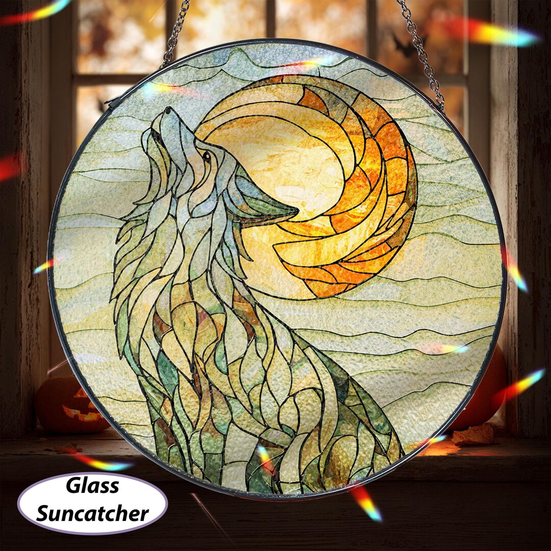 Window Howling Moon Night Howling Wolf Suncatcher, Stained Glass Howling Wolf Ornament ...